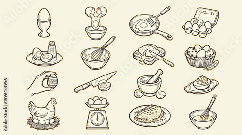 A collection of hand-drawn illustrations depicting various stages and methods of preparing and serving eggs, from raw to cooked dishes.