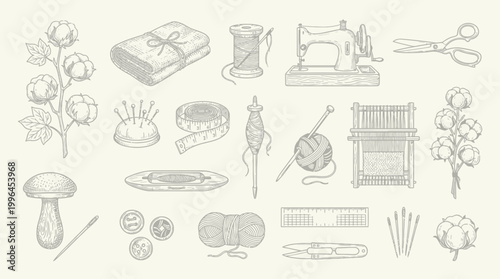 Photography A vintage-style illustration featuring a collection of sewing and textile-related items, including cotton plants, a sewing machine, scissors, thread, needles, buttons, and a loom