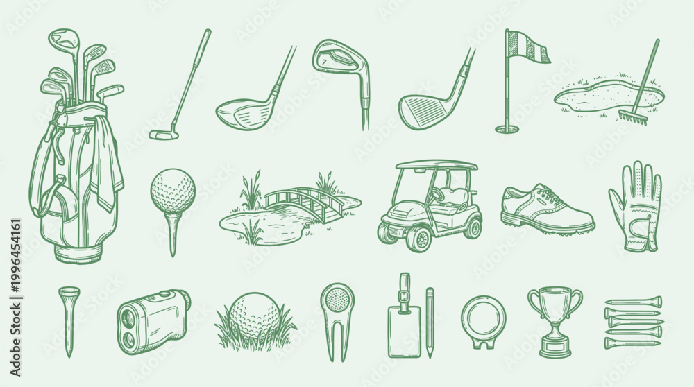Fototapeta premium A comprehensive collection of hand-drawn golf equipment and accessories, presented in a charming, vintage-inspired illustration style.