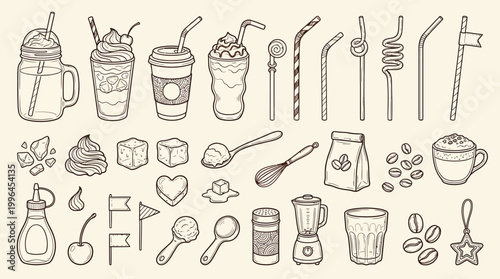 A detailed hand-drawn illustration featuring a collection of coffee and dessert-related elements, including various drinks, toppings, and accessories.