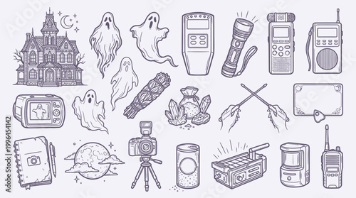 A collection of hand-drawn illustrations depicting various items and symbols associated with paranormal investigation and ghost hunting.