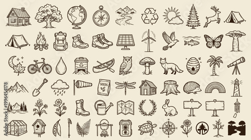 Fotografía A comprehensive collection of hand-drawn icons representing nature, outdoor activities, and environmental themes