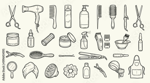 A detailed collection of hand-drawn illustrations depicting various hairdressing and beauty salon tools and accessories, presented in a vintage sketch style.