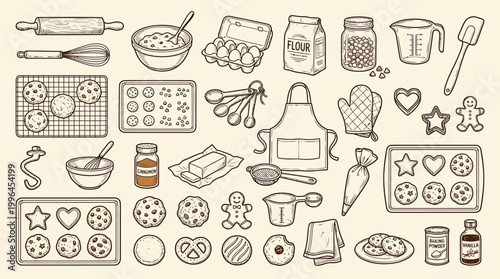 A comprehensive collection of hand-drawn illustrations depicting various baking tools, ingredients, and finished cookies, presented in a vintage, etched style.