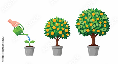 Cartoon sequence of watering a plant, evolving into money tree, concept for investment, financial growth, and wealth management.