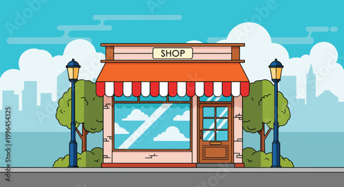 Cartoon shop front illustration with red and white striped awning and street lamp, with a city skyline, suitable for retail design, urban planning, and commercial projects.