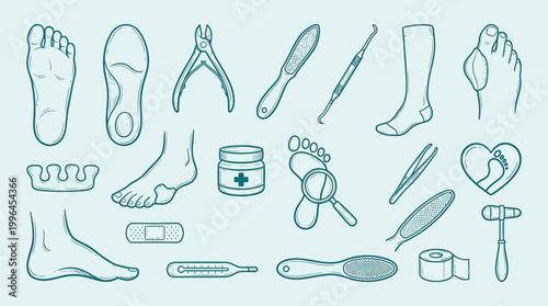 A collection of medical and podiatry tools and supplies for foot care and treatment, presented in a clean, illustrative style.