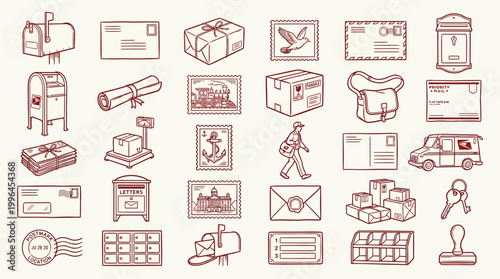 A comprehensive collection of vintage-style illustrations depicting various postal and mail-related items and services.