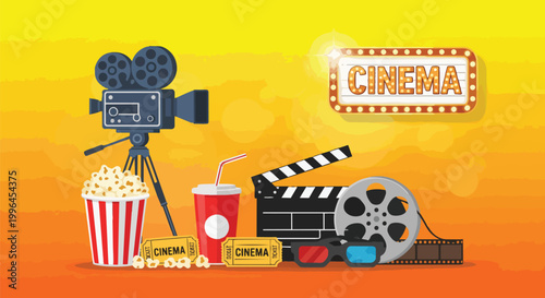 Cartoon-style cinema elements including popcorn, tickets, and camera, on a gradient yellow background, concept for movie night, film festival advertising, and entertainment promotion.