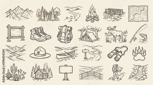 A collection of hand-drawn illustrations depicting various elements of outdoor adventure, camping, and nature exploration, including mountains, forests, trails, wildlife, and gear.