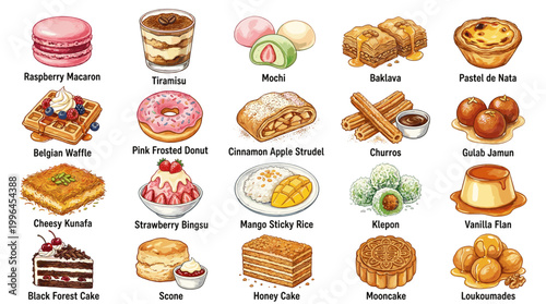 Cute bakery dessert vector collection with macarons, waffles, pies, cupcakes, croissants, rolls and sweet treats for cafe menu and pastry shop design