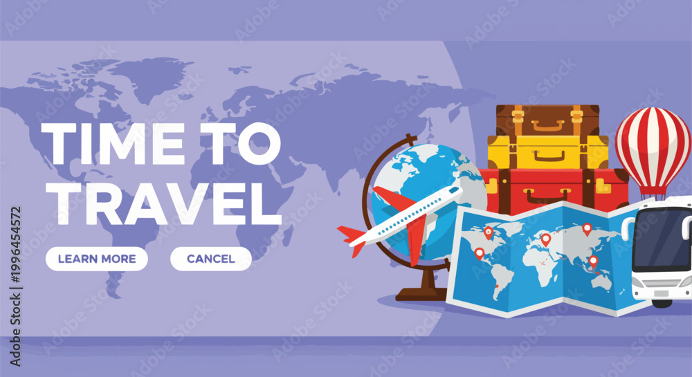 Fototapeta premium Colorful travel illustration featuring airplane, globe, luggage, map, and bus, perfect for travel agencies, vacation promotions and tourism advertising.