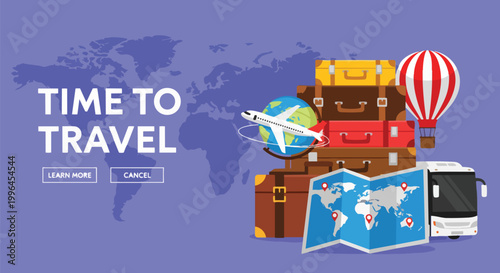Colorful illustration of travel elements: suitcases, globe with airplane, map, bus, hot air balloon, ideal for travel agency advertisements, tourism promotion, and vacation blogs.