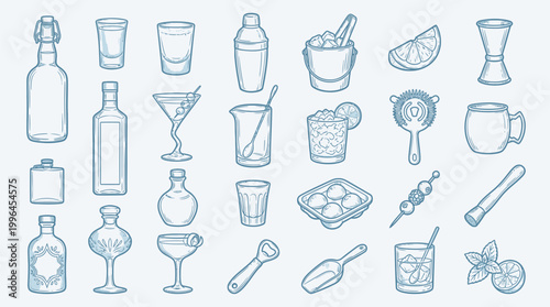 A comprehensive collection of hand-drawn cocktail bar tools and glassware, presented in a clean, blue-line art style on a light blue background.