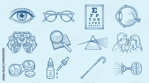 A collection of vintage-style blue line drawings depicting various aspects of vision, eye care, and optical science.