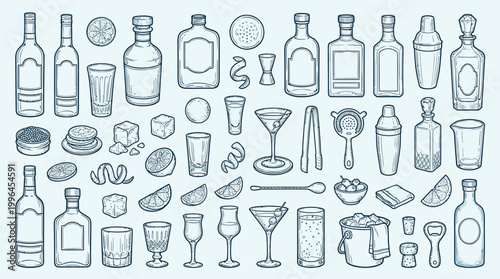 A comprehensive collection of hand-drawn illustrations depicting various barware, bottles, and cocktail ingredients, presented in a clean, monochromatic style.