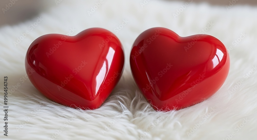 Fototapeta premium Two Shiny Red Heart Shapes Resting on a Fluffy White Surface stock