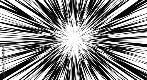 Dramatic black and white radial lines emanating from a center white light, concept for energy, communication and design backgrounds.