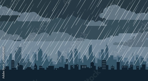 Dramatic silhouette of rainy city skyline under dark clouds, vector illustration, concept for weather forecast, environmental awareness, and urban design.