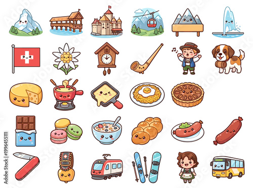 Collection of cute cartoon Swiss icons with expressive faces