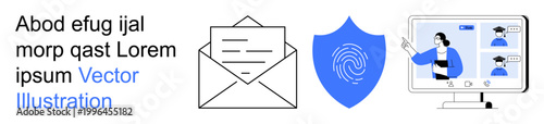 Digital communication, cybersecurity, e-learning, remote work, technology interface, online safety. Envelope, fingerprint shield and video call on a computer screen. Digital communication