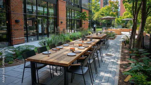 Outdoor patio dining area with wooden tables and chairs