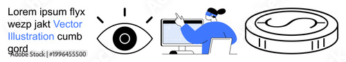 Surveillance systems, user engagement, financial analytics, online security, digital interaction, modern devices. Eye symbol, person using a computer and currency coin. Vision and user engagement