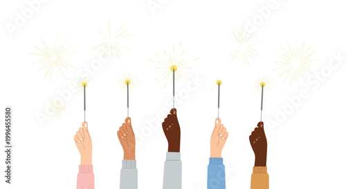 Hands of diverse skin tones holding lit sparklers against a white background, flat illustration, concept for celebration, unity and community.