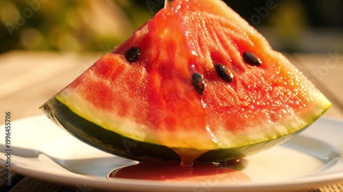 Honey Pouring on Fresh Sliced Watermelon in Summer Sunlight