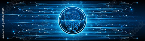 Cybersecurity concept. Futuristic biometric fingerprint scanner on blue circuit board background. Digital identity verification and data protection technology for secure network access.