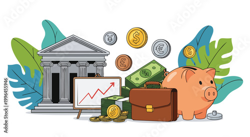 Illustration of bank building with coins, money, briefcase, and piggy bank, concept for finance, investment, ideal for financial reports, savings, and investment websites.