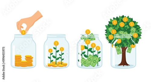 Illustration of coins and banknotes growing like plants inside jars, hand placing a coin, concept for financial growth, savings plan, and investment strategies.