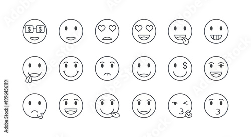 Collection of line art emoticons and smileys expressing different emotions