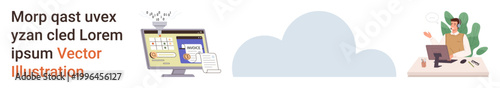 Blogging, digital workspace, cloud computing, content creation, remote work, data management. Office desk with computer, cloud and person using a laptop. Blogging and digital workspace