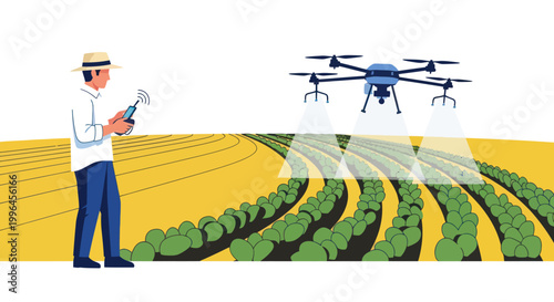 Farmer controls drone for modern agriculture over crops
