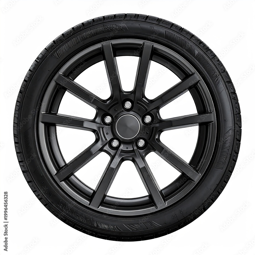 Obraz premium Isolated car wheel with a black rim and tire against a white backdrop