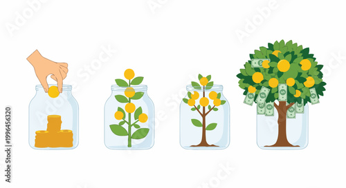 Illustration showing hand putting coin in jar, evolving into money trees on white background, concept for savings, investment and financial growth.