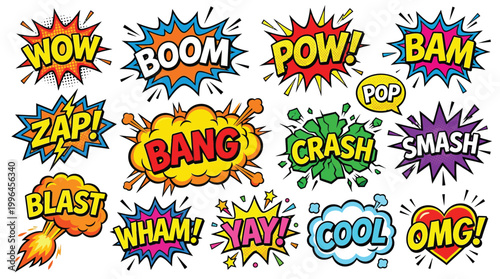Collection of comic book style sound effect words like WOW, BOOM, POW, BAM, ZAP, BANG, CRASH, SMASH, BLAST, WHAM, YAY, COOL, and OMG.