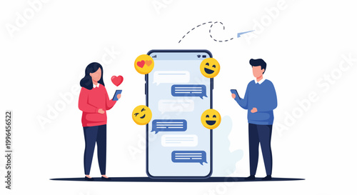 Man and woman with smartphones interacting with a central messaging app featuring emojis, perfect for social media, communication apps and digital connection.