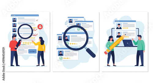 People evaluating resumes through magnifying glass, pencil and laptop, with star rating and check marks, ideal for hiring process, recruitment campaigns and human resources solutions.