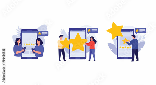 People giving star ratings on smartphone screens, concept for customer feedback, online reviews and service evaluation.