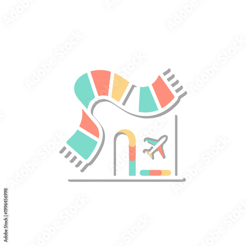 Airport check-in desk with airplane icon and scarf