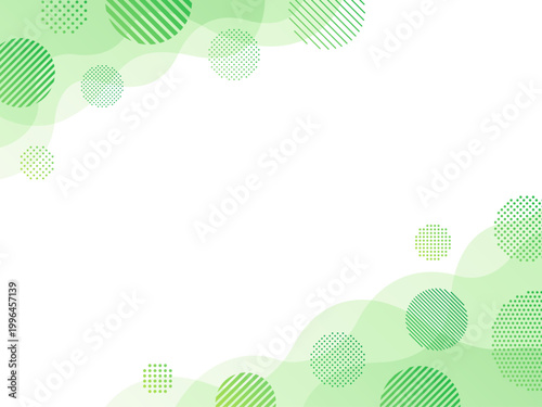 緑のグラデーションのウェーブとドットとストライプ柄の円の斜めフレーム