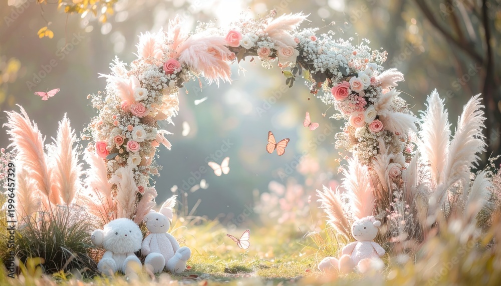 Fototapeta premium Enchanting Floral Archway with Plush Bunnies in a Dreamy Garden Setting.