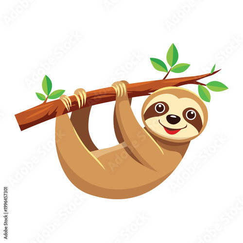 A cheerful, smiling cartoon sloth hanging upside down from a tree branch with green leaves