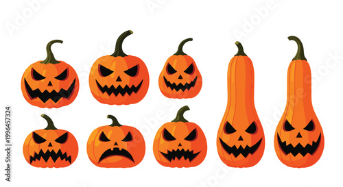 Set of cartoon-style carved Halloween pumpkins with menacing faces, orange and green colors, ideal for holiday decorations, event posters and seasonal greeting cards.