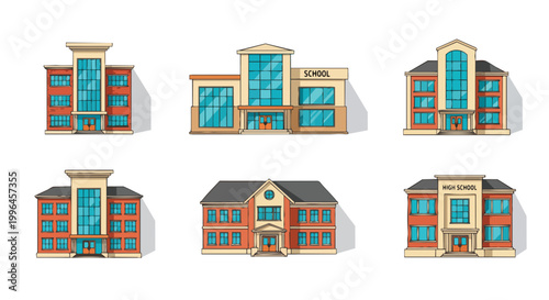Set of colorful cartoon school buildings with flat design and shadows, suitable for educational websites, children's books, and architectural design projects.