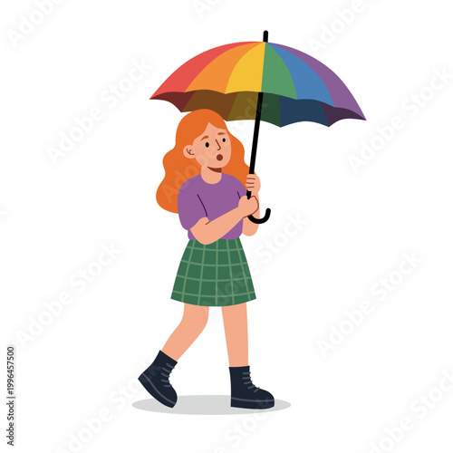 Cartoon redhead girl walking with rainbow umbrella flat design vector illustration