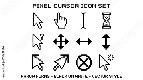 A comprehensive set of pixelated cursor icons in black and white, featuring various arrow forms, hand, text, and loading indicators for digital interfaces.