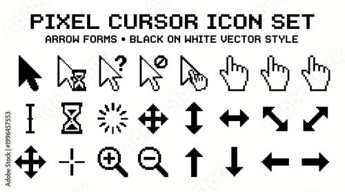A comprehensive set of black and white pixel cursor icons in various arrow forms and interactive states, designed in a vector style.